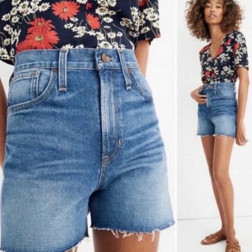 Madewell High Rise Denim Shorts Medium Wash Raw Hem 29 Blue High Waisted Slim